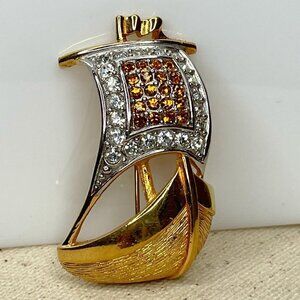 Burberry Vintage Sailing Ship Brooch Pin Pave Crystal Gold Plate 1.75" X 1"